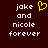Dark red background with white pixelated text reading 'joke and nicole forever' on both sides, a yellow heart symbol between the two text blocks.