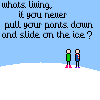 A pixelated animation shows two standing figures on ice with a sliding figure emitting 'HHEE!' text, repeating across multiple
