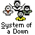 Pixelated cartoon figures with distinct clothing and facial features above text reading 'System of a Down' on gray background.