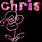 Pixelated pink text "chris" above two identical abstract floral shapes on black background, displayed as a 2-frame contact sheet with slight animation differences between frames.
