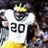 Pixelated image of a person wearing a white jersey with black number 20, a golden crown, and yellow accents on the bottom, set against a dark background.