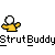 Pixelated yellow figure with white head in multiple poses above repeated text on gray background.