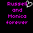 Pixelated text in bright pink on black background with a white heart symbol replacing the 'l' in Russell, displayed as two identical side-by-side
