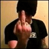 A person in a black shirt and dark cap displays the middle finger while text below progressively forms 'fuck your opinion' across frames.