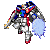 Pixelated mecha with red, blue, white, and gray armor stands against a light gray background; left leg is raised in first frame while right leg extends downward in second frame.