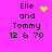 Pixelated text 'Elle and Tommy 12 & 70' on bright pink background with yellow heart, starburst, or dot cluster symbols changing across frames.