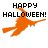 Pixelated orange witch on broomstick with 'HAPPY HALLOWEEN!' text above, displayed in a