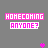 Pixelated text "HOMECOMING ANYONE?" in pink and white repeats across a gray background with animated wavy lines, flowers, and dots.