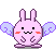 Pixel art bunny with light purple body, black eyes, orange cheeks, and blue wings in four distinct poses against gray background.