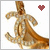 Pixelated figure in flowing brown robe with arms extended, standing beside maroon heart symbol on white background.