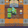 Pixel art scene with orange and brown background, green blocky character with blue accents, and a yellow circular light on the right.