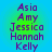 Two identical vertical of purple text on a green-to-blue gradient background, each listing names Asia, Amy, Jessica, Hannah, Kelly