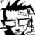 Pixelated black-and-white icon of a stylized face with spiky hair, square eyes, and a small mouth on a white background.