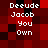 Pixelated text 'Deeude Jacob You Own' on a red and black checkered background with visible pixelation.