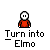 Pixel art animation of a character transforming from a small figure into a larger red creature with orange nose and wide smile, set against gray background.