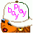 Pixel art contact sheet showing a cartoon character with orange skin, white hat, and pink text across multiple frames including close-ups of the body and text elements.