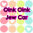 Pixelated text and shapes on a pastel polka-dot background with repeated phrases like "Oink Oink" and "Jew Car."