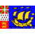 Static pixelated icon featuring a blue background with yellow sailing ship, red and white heraldic shield on left side, and orange flame-like symbol in bottom-left corner.