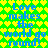Blue text "Love makes the world go round!" repeats across a green and yellow heart-patterned background in pixelated style.