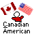 Pixelated image with Canadian flag, American flag, red-shirted figure, and 'Canadian American' text on gray background.