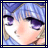 Pixelated anime-style face with closed eyes, purple eyeshadow, and light blue hair against a blue background, framed by a yellow border.