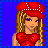A 4-frame pixel art contact sheet showing a cartoon character in red and white attire with visible text "SARAI" on the bottom-right frame.