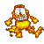 Yellow cartoon cat with white eyes and grinning mouth in multiple walking poses on gray background.