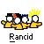 Four pixelated figures with white eyes and yellow bodies stand side-by-side against a gray background, each wearing distinct headgear beneath the text 'Rancid' below them.