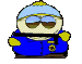 Four pixelated cartoon character icons arranged in a , each wearing blue jacket with yellow cuffs and light blue hat with yellow top