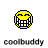 Animated contact sheet of 21 frames showing a yellow smiley face icon with black teeth and eyes, some frames displaying motion blur or grayscale effects beneath the text "coolbuddy".