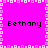 A bright pink square icon with a white pixelated border, displaying four instances of the text "Bethany" in black pixelated font arranged in a