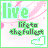A 3x3 contact sheet of an animated AIM buddy icon showing eight frames with a pink and white striped background, green text reading 'live' and 'lifto the fullest', and a small shoe-shaped object changing position across frames.