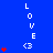 Blue background with vertical white text 'LOVE' and '<3', red star-like symbols in varying quantities, gray rectangular shape at bottom right.
