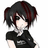 Pixelated anime-style character with dark red and black hair styled in pigtails, wearing a short-sleeved black top against white background.