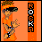 Pixelated character in orange shirt and black cap with blue accents, making hand gesture next to vertical 'ROCK' text on orange background.