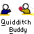 Animated contact sheet of a Quidditch-themed buddy icon showing stick-figure players in blue and yellow robes with red balls, arranged across 7 frames on a gray background.