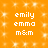 Pixelated orange background with white text reading 'emily emma m&m' repeated in four identical sections, each section containing three lines of text.