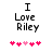 Pixelated text 'I Love Riley' above five pink heart icons with one light pink heart in the center.