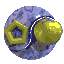 A circular icon with a blue-purple marbled background features two yellow 3D objects: a hexagonal ring and a rounded sphere, positioned side-by-side.