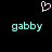 A black background displays two identical light blue 'gabby' text strings with a pink pixelated heart above them.