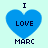 Four blue heart-shaped icons with pixelated text "I LOVE MARC" arranged in a on a light cyan background