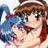 Pixelated anime-style character with brown hair and blue eyes, wearing a red top, holding a blue object near the face.
