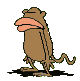 Brown cartoon creature with large pink lips, standing on two legs, tail curled, shadow beneath feet, side-by-side comparison of two poses.