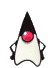 A cartoon character with a black cone-shaped head, red circular eye, and white body performs sequential hand gestures against a gray background.
