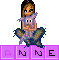 Pixelated character with long brown hair holding a purple creature, seated with legs crossed, above a purple wordwall with black letters.