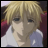 Pixelated anime-style character with blonde hair and dark eyes, wearing a white shirt with purple accents, next to black background with white text.