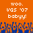 Pixelated orange background with white text reading "WOO. VGS '07 babyy!" repeated twice, blue and purple pixel art figures below.