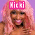 Pixelated image of a person with pink hair and purple background, featuring text overlays in pink boxes across different