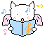Pixel art of a white cat with pink wings reading a blue book, surrounded by musical notes in various colors.