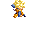 Pixelated character with spiky blonde hair in orange and blue martial arts uniform performing dynamic pose against gray background.